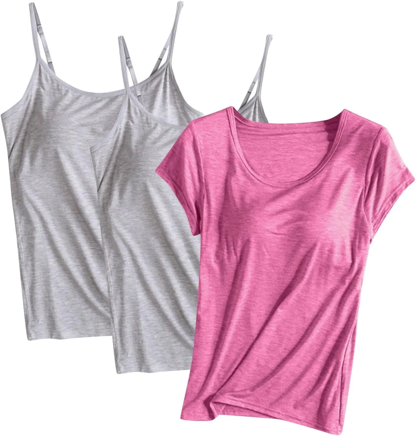 HGps8w Women's Adjustable Spaghetti Strap Shelf Bra Camisoles Tops Basic Bulit-in Bra Short Sleeve Modal T-Shirt Pack of 3