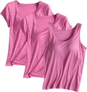 HGps8w Women's Short Sleeve Bulit-in Bra T-Shirt Basic Sleeveelss Shelf Bra Tank Tops Soft Modal Undershirts Pack of 3