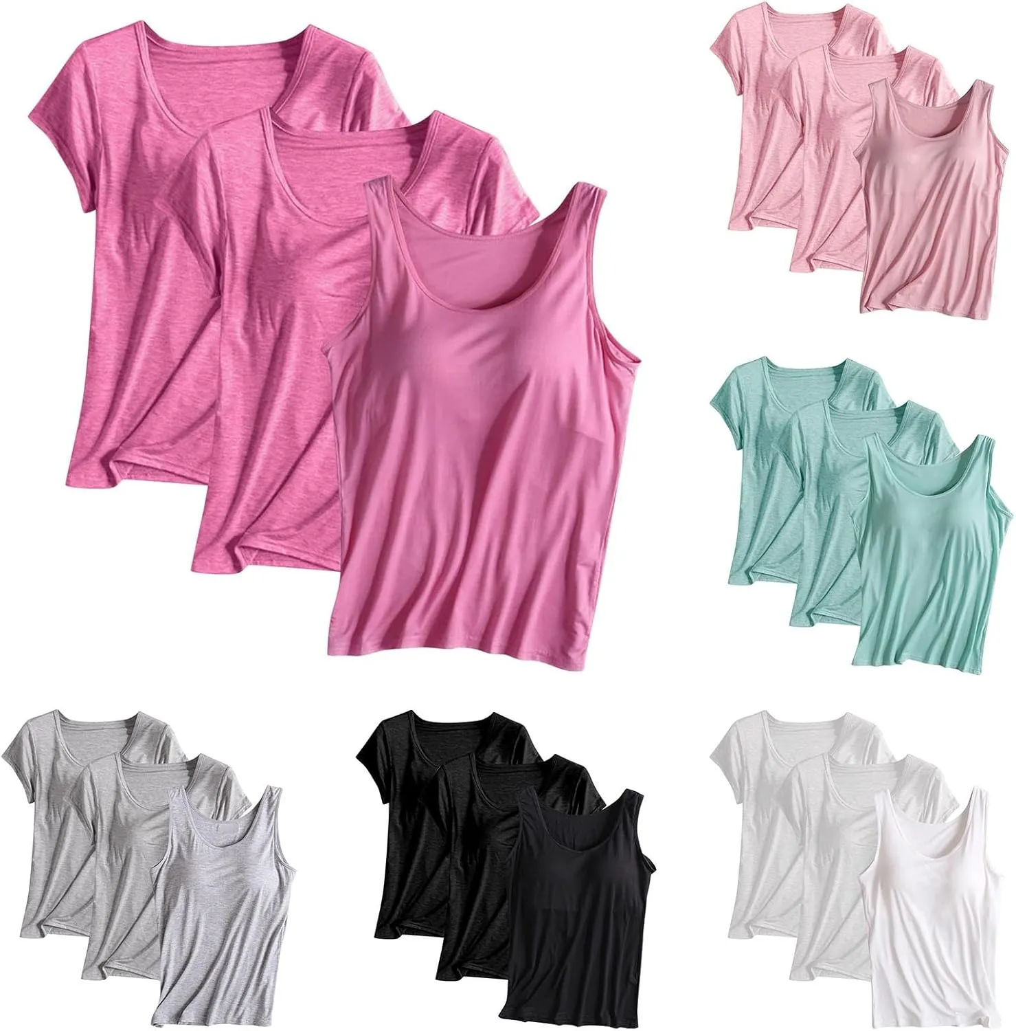 HGps8w Women's Short Sleeve Bulit-in Bra T-Shirt Basic Sleeveelss Shelf Bra Tank Tops Soft Modal Undershirts Pack of 3