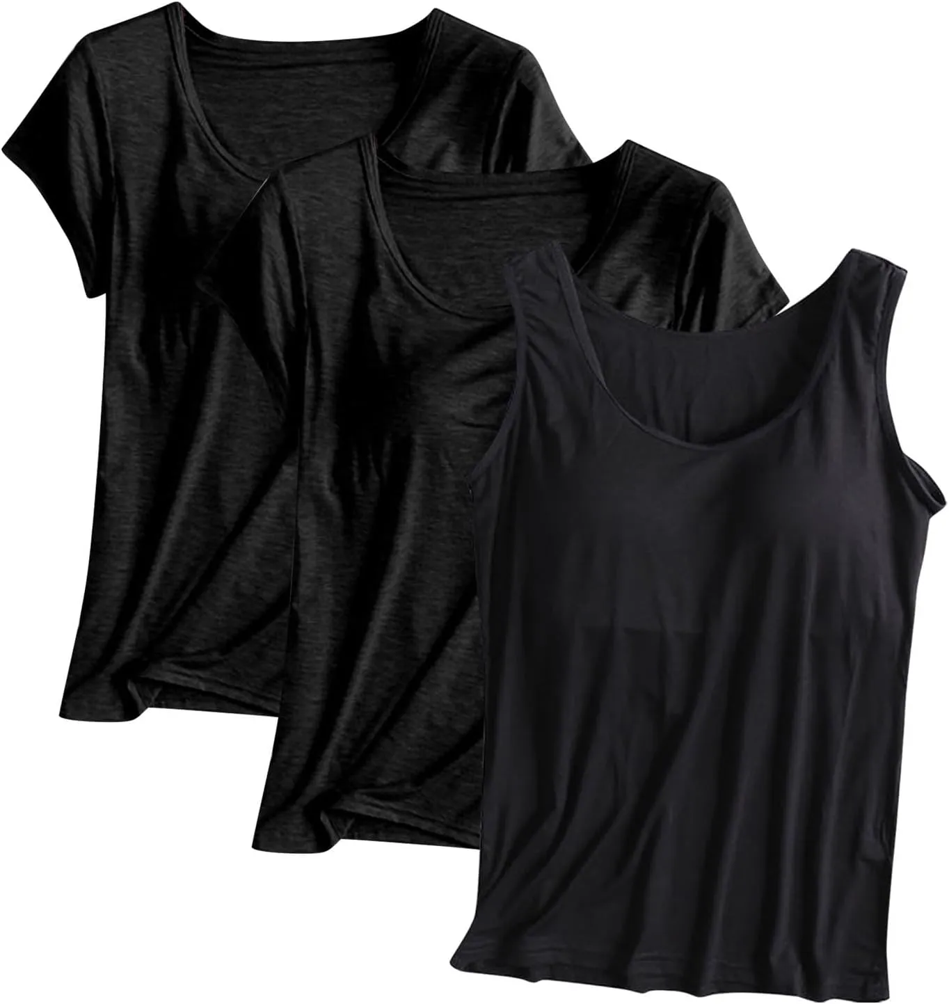 HGps8w Women's Short Sleeve Bulit-in Bra T-Shirt Basic Sleeveelss Shelf Bra Tank Tops Soft Modal Undershirts Pack of 3