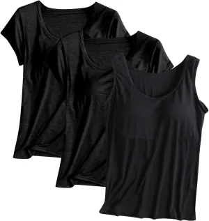 HGps8w Women's Short Sleeve Bulit-in Bra T-Shirt Basic Sleeveelss Shelf Bra Tank Tops Soft Modal Undershirts Pack of 3