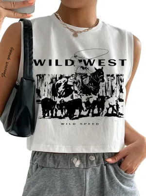 Hilinker Womens Crew Neck Loose Crop Tank Tops Workout Casual Sleeveless T-Shirt