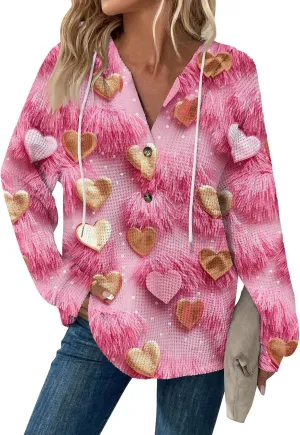 Hoodies For Women Trendy Long Sleeve V Neck Buttons Shirts Fashion Pullover Waffle Kint Tops Oversized Sweatshirts