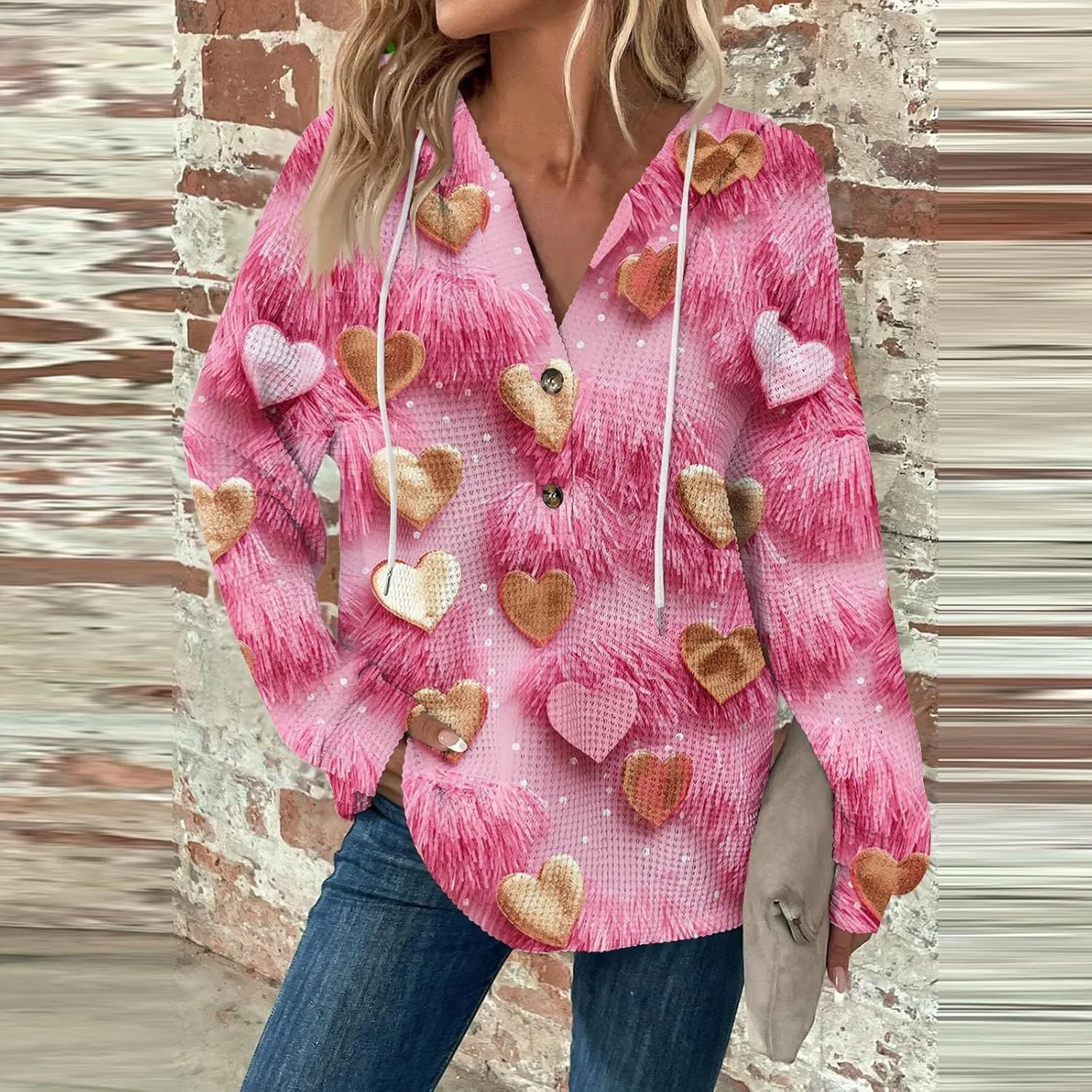 Hoodies For Women Trendy Long Sleeve V Neck Buttons Shirts Fashion Pullover Waffle Kint Tops Oversized Sweatshirts