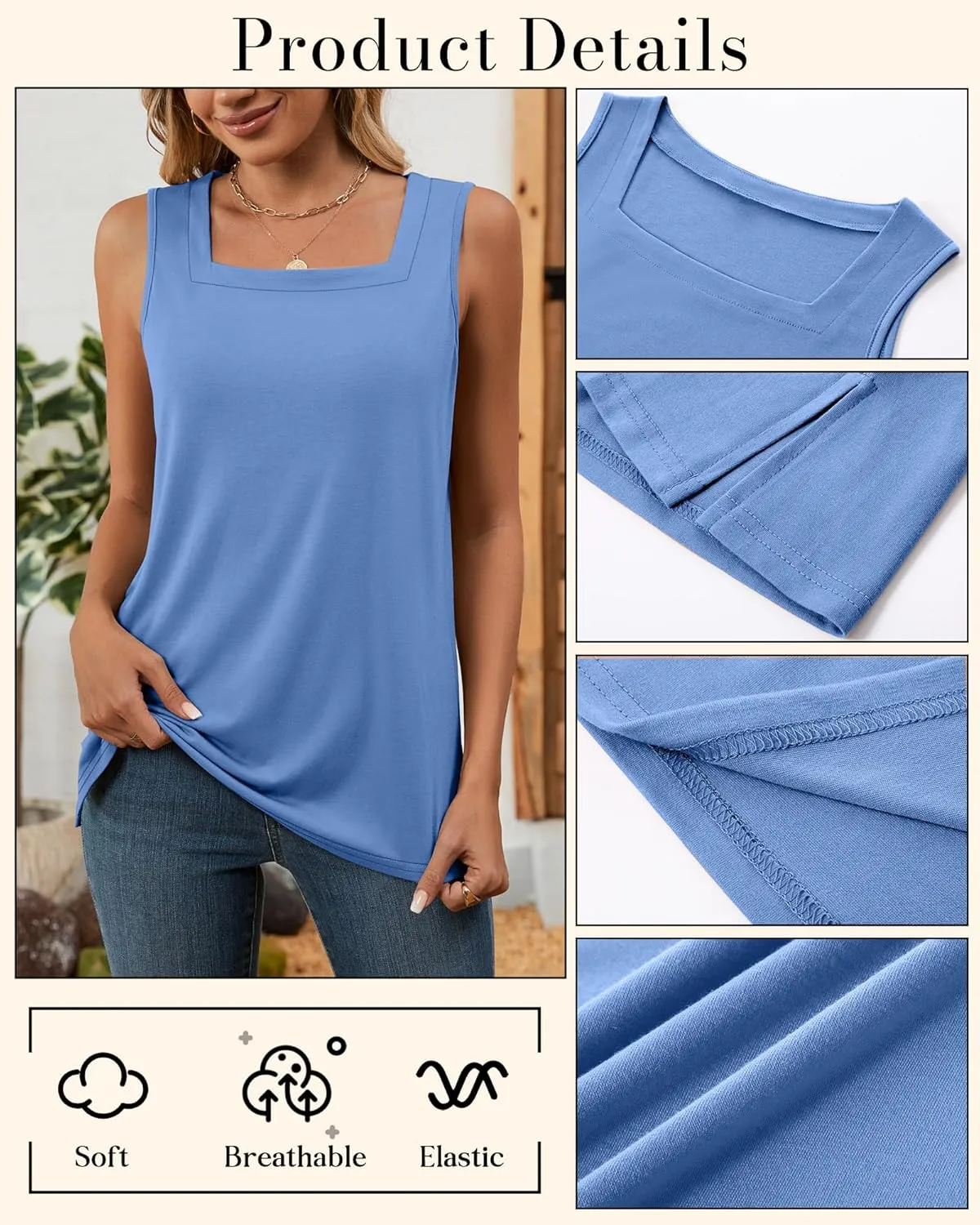 Huukeay 3 Pack Summer Women's Tank Tops Cotton Sleeveless Shirt Loose Fit Square Neck Tank Top with Side Slits