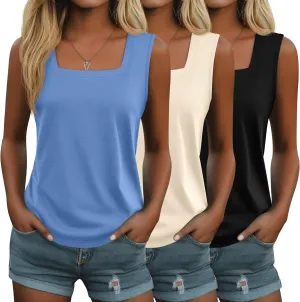 Huukeay 3 Pack Summer Women's Tank Tops Cotton Sleeveless Shirt Loose Fit Square Neck Tank Top with Side Slits