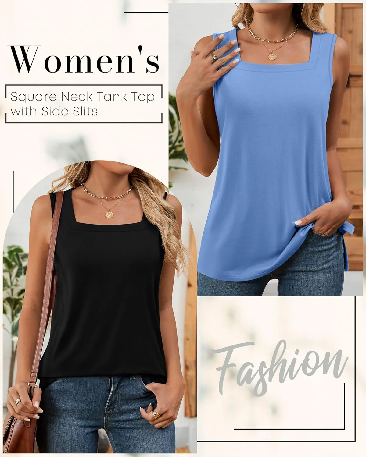 Huukeay 3 Pack Summer Women's Tank Tops Cotton Sleeveless Shirt Loose Fit Square Neck Tank Top with Side Slits