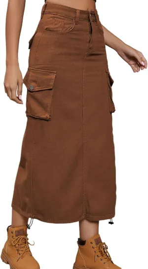 IDEALSANXUN Cargo Skirts for Women Midi Long Denim Jean Skirt