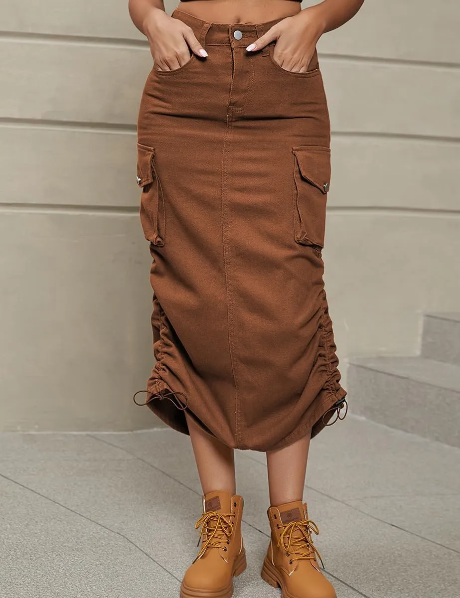 IDEALSANXUN Cargo Skirts for Women Midi Long Denim Jean Skirt