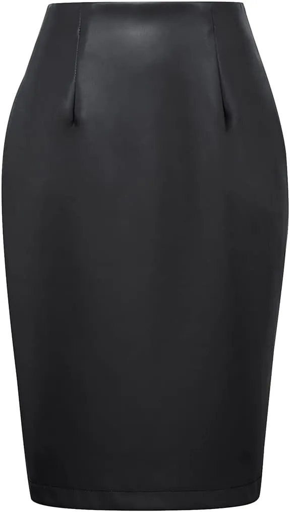 IDEALSANXUN Leather Skirts for Women Midi Length High Waisted Pencil Skirt with Slit