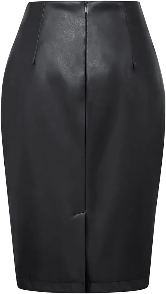 IDEALSANXUN Leather Skirts for Women Midi Length High Waisted Pencil Skirt with Slit