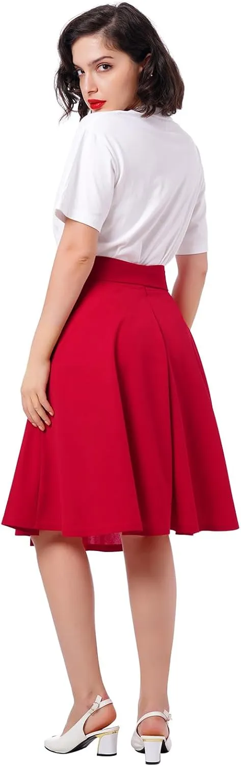 IDOPIP Women 50s Vintage Skirt High Waist Tie Front A Line Skirt Elegant Cocktail Swing Skirt Pleated Midi Skirt with Pockets