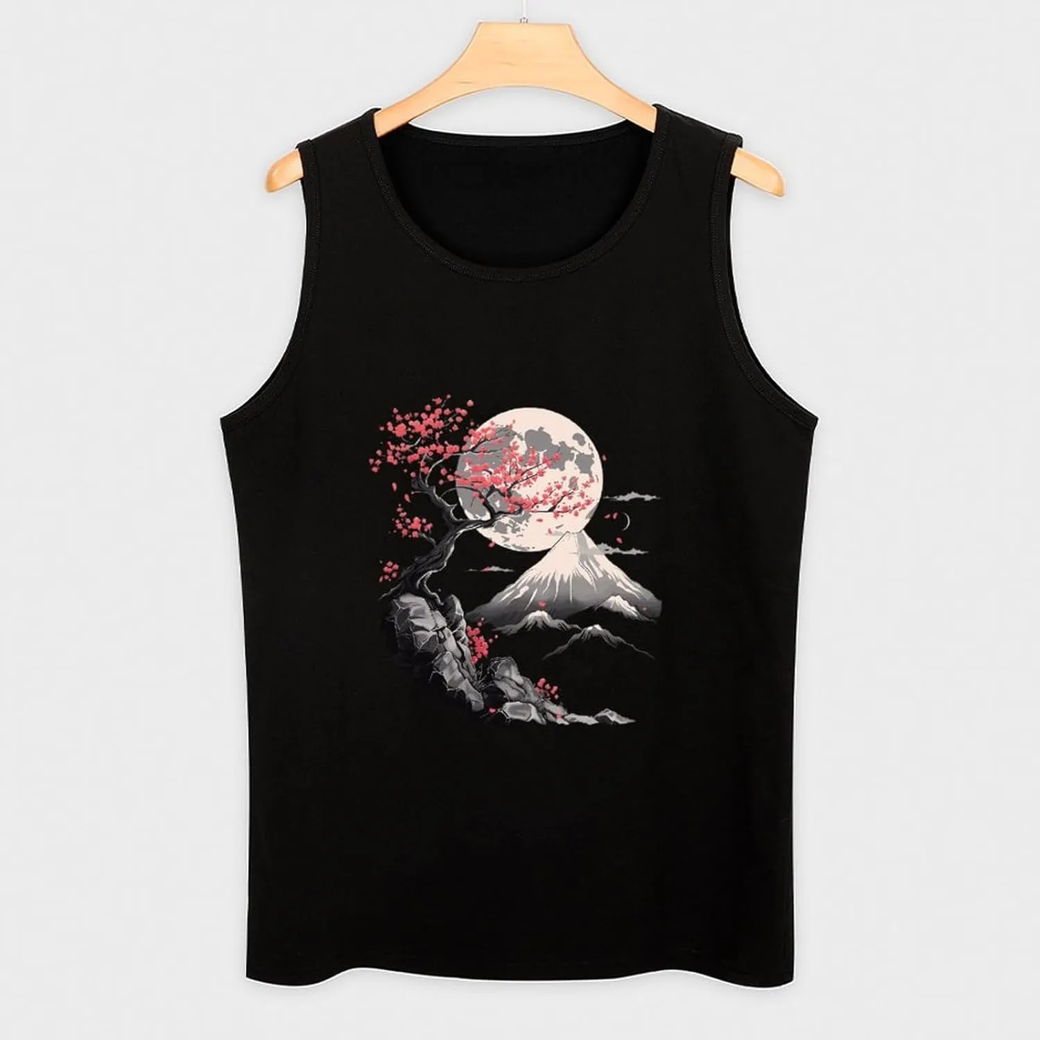 Japanese Cherry Flowers Moutain Moon Mens Tank Top Cotton Undershirt Crewneck Sleeveless Shirt for Summer