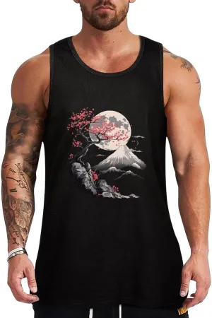 Japanese Cherry Flowers Moutain Moon Mens Tank Top Cotton Undershirt Crewneck Sleeveless Shirt for Summer