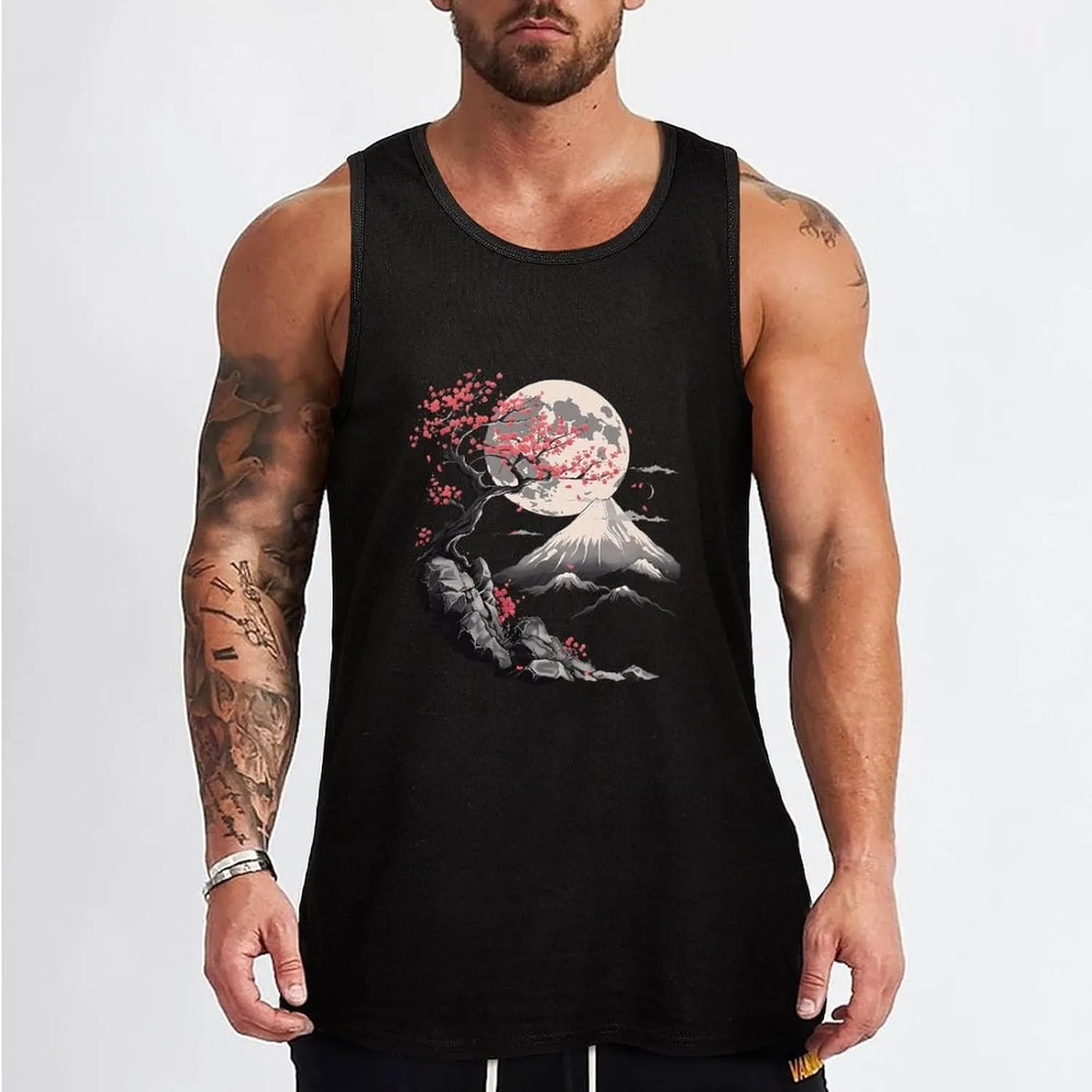 Japanese Cherry Flowers Moutain Moon Mens Tank Top Cotton Undershirt Crewneck Sleeveless Shirt for Summer