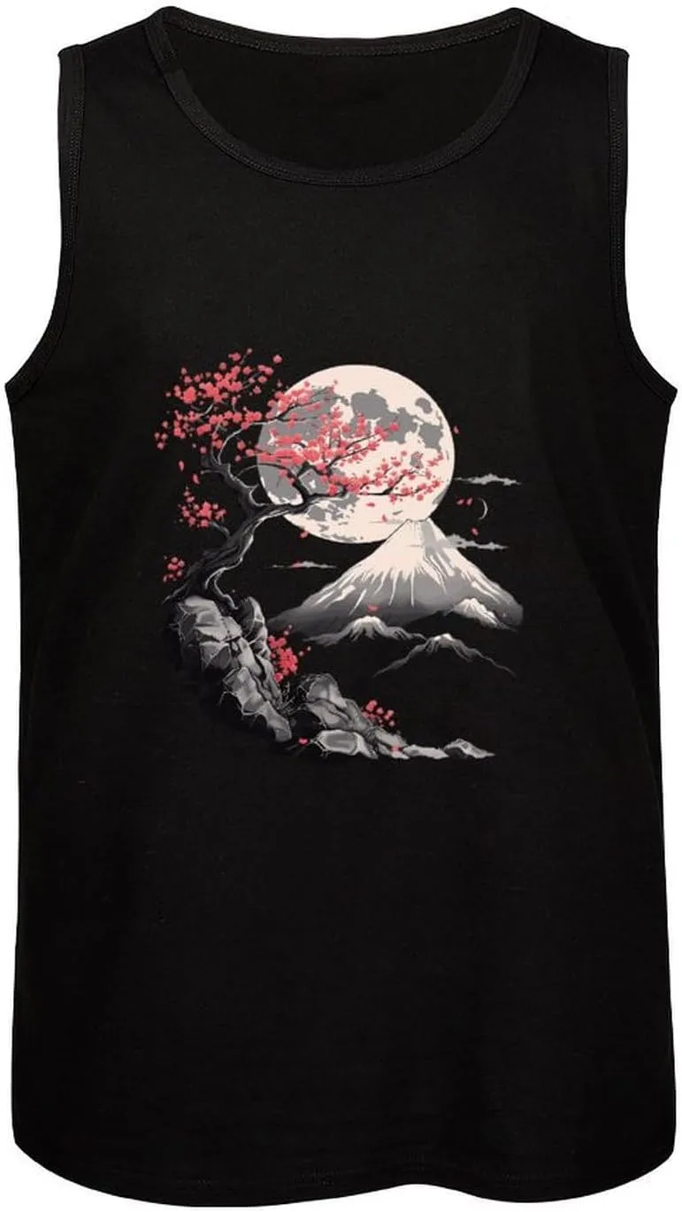 Japanese Cherry Flowers Moutain Moon Mens Tank Top Cotton Undershirt Crewneck Sleeveless Shirt for Summer