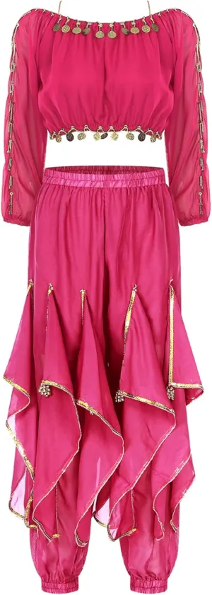 JEATHA Women's Belly Dance Costume Outfits Sequins Split Long Sleeve Crop Top with Ruffles Harem Pants