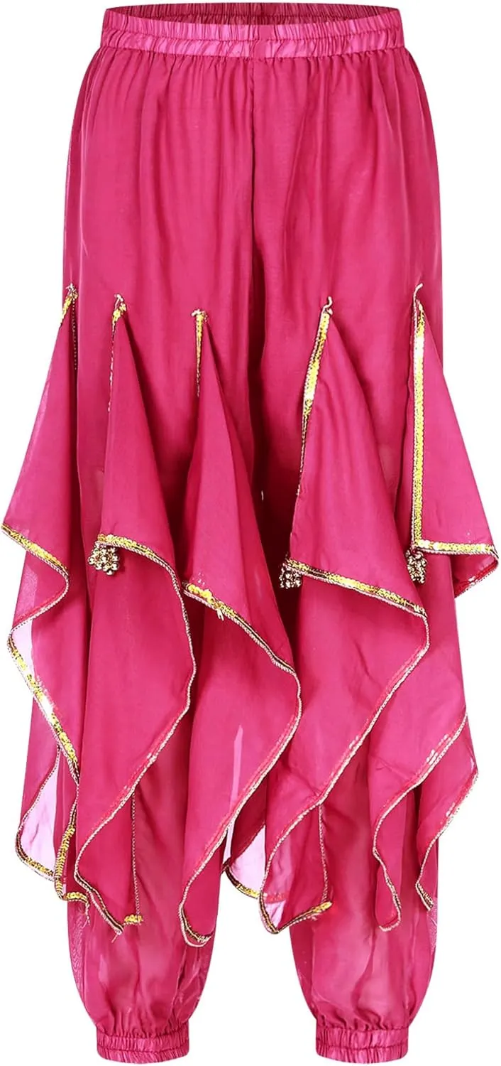 JEATHA Women's Belly Dance Costume Outfits Sequins Split Long Sleeve Crop Top with Ruffles Harem Pants