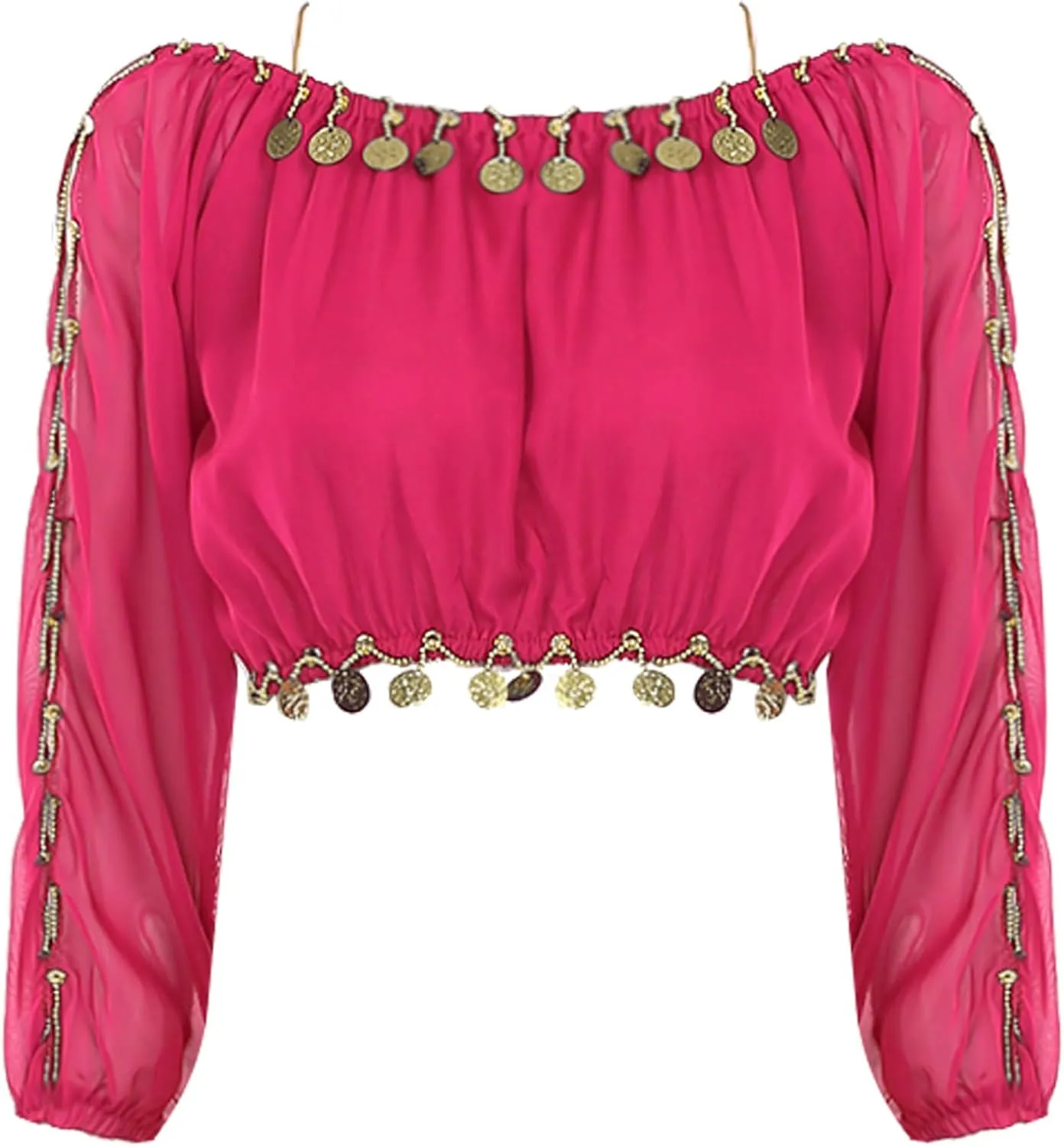JEATHA Women's Belly Dance Costume Outfits Sequins Split Long Sleeve Crop Top with Ruffles Harem Pants