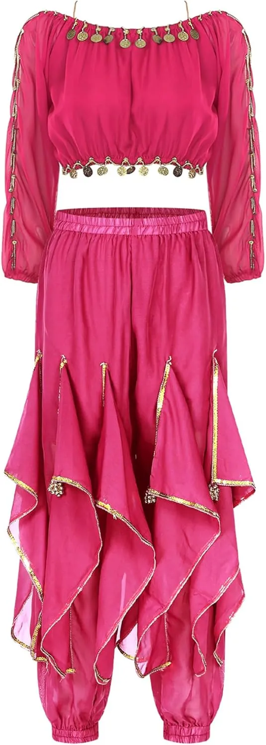 JEATHA Women's Belly Dance Costume Outfits Sequins Split Long Sleeve Crop Top with Ruffles Harem Pants