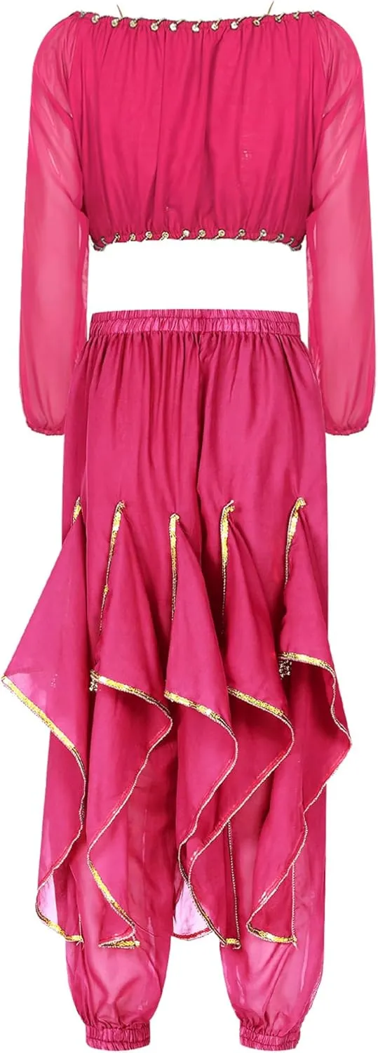 JEATHA Women's Belly Dance Costume Outfits Sequins Split Long Sleeve Crop Top with Ruffles Harem Pants