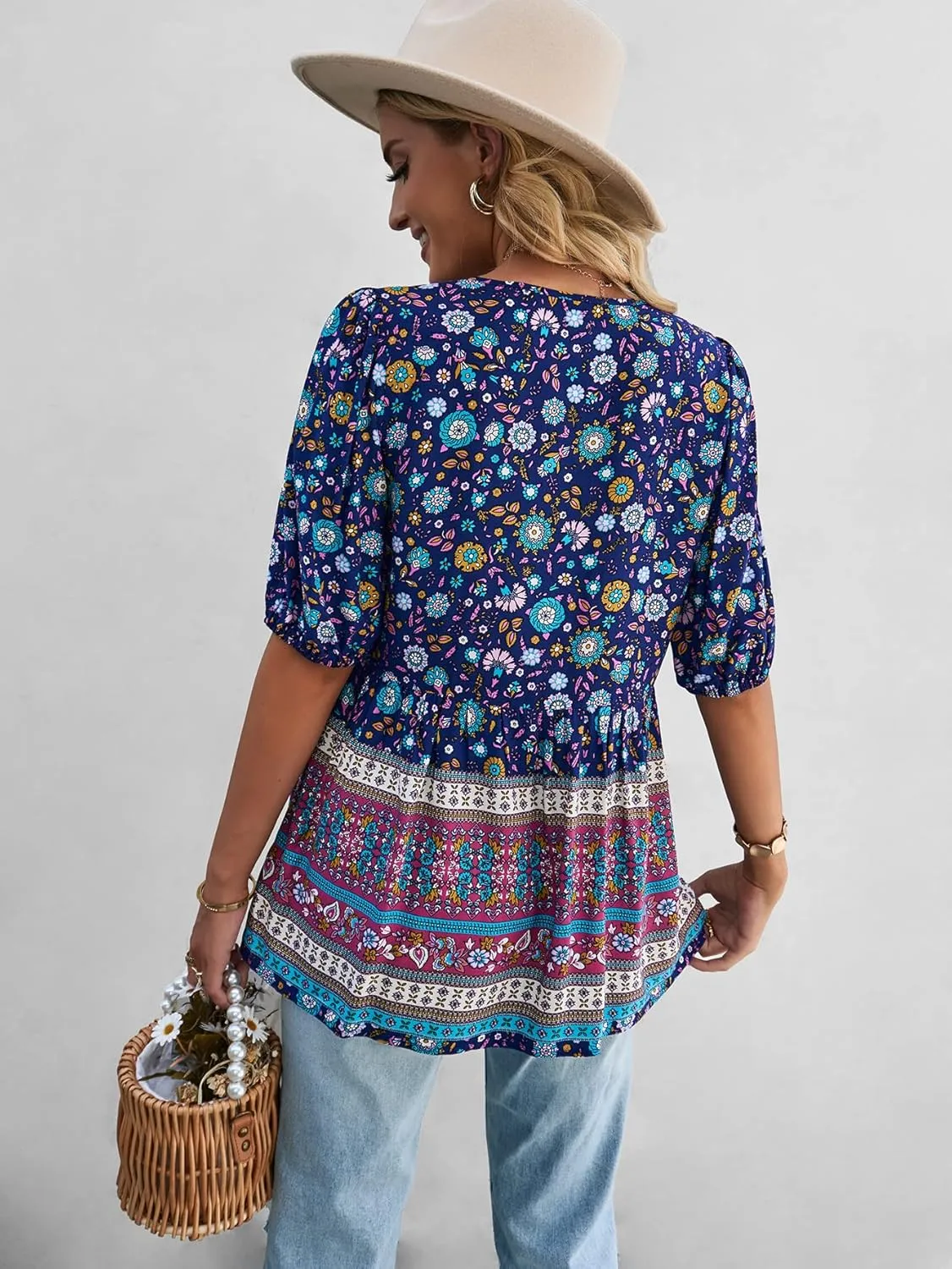 KAYWIDE Women's Casual Boho V Neck Top Loose Floral Printed Long Sleeve Beach Shirts Blouses