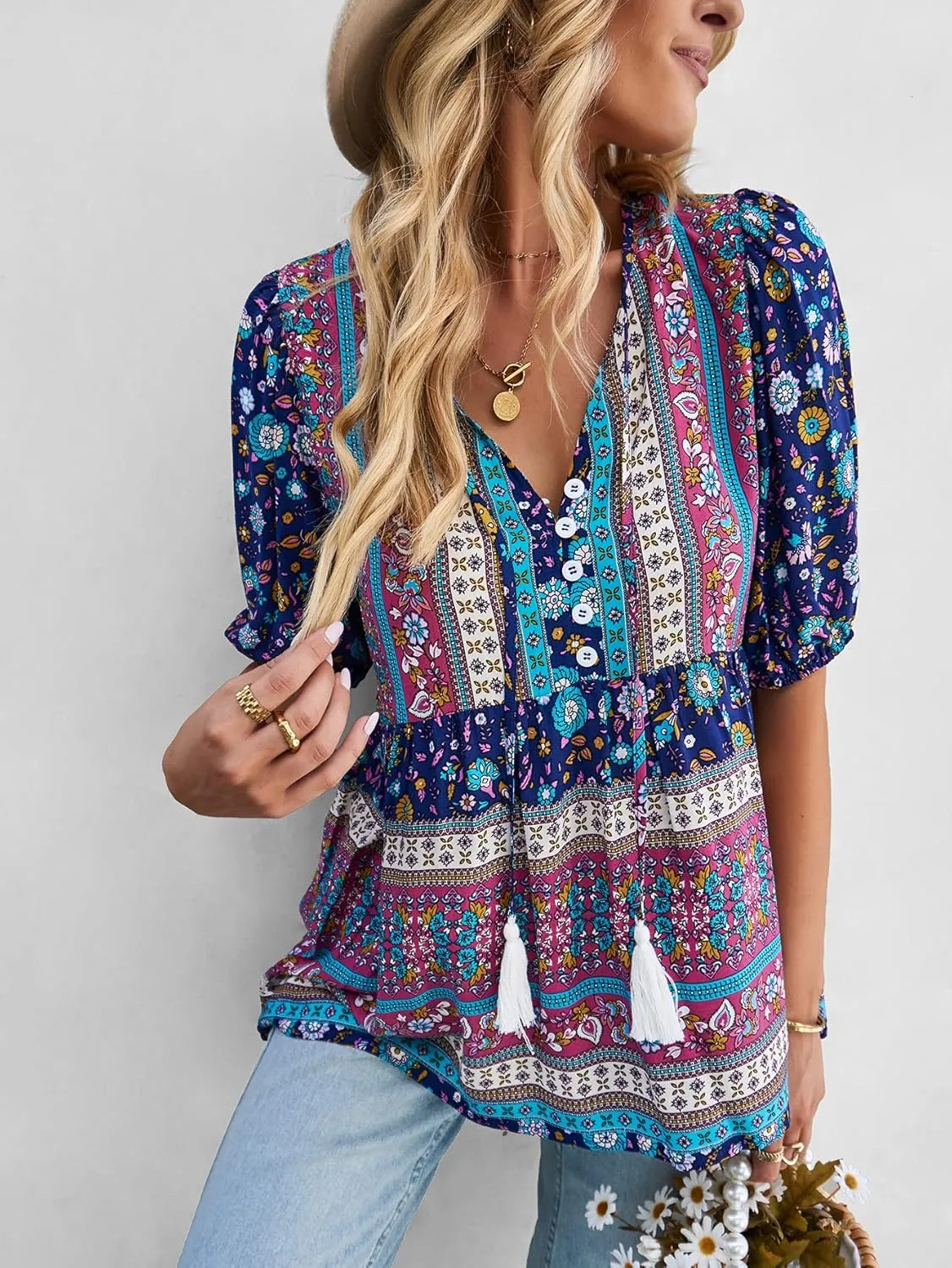 KAYWIDE Women's Casual Boho V Neck Top Loose Floral Printed Long Sleeve Beach Shirts Blouses
