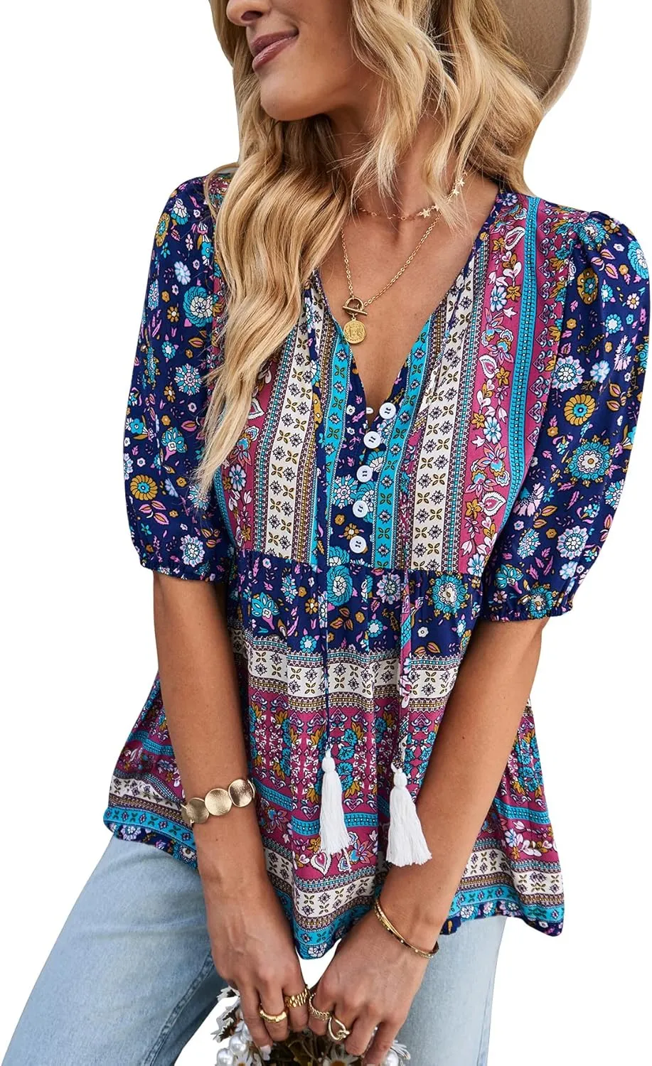 KAYWIDE Women's Casual Boho V Neck Top Loose Floral Printed Long Sleeve Beach Shirts Blouses