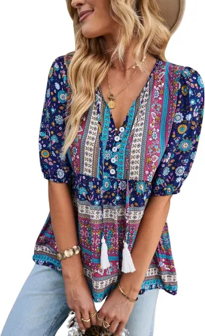 KAYWIDE Women's Casual Boho V Neck Top Loose Floral Printed Long Sleeve Beach Shirts Blouses