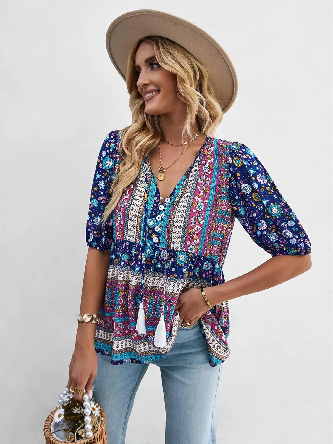 KAYWIDE Women's Casual Boho V Neck Top Loose Floral Printed Long Sleeve Beach Shirts Blouses
