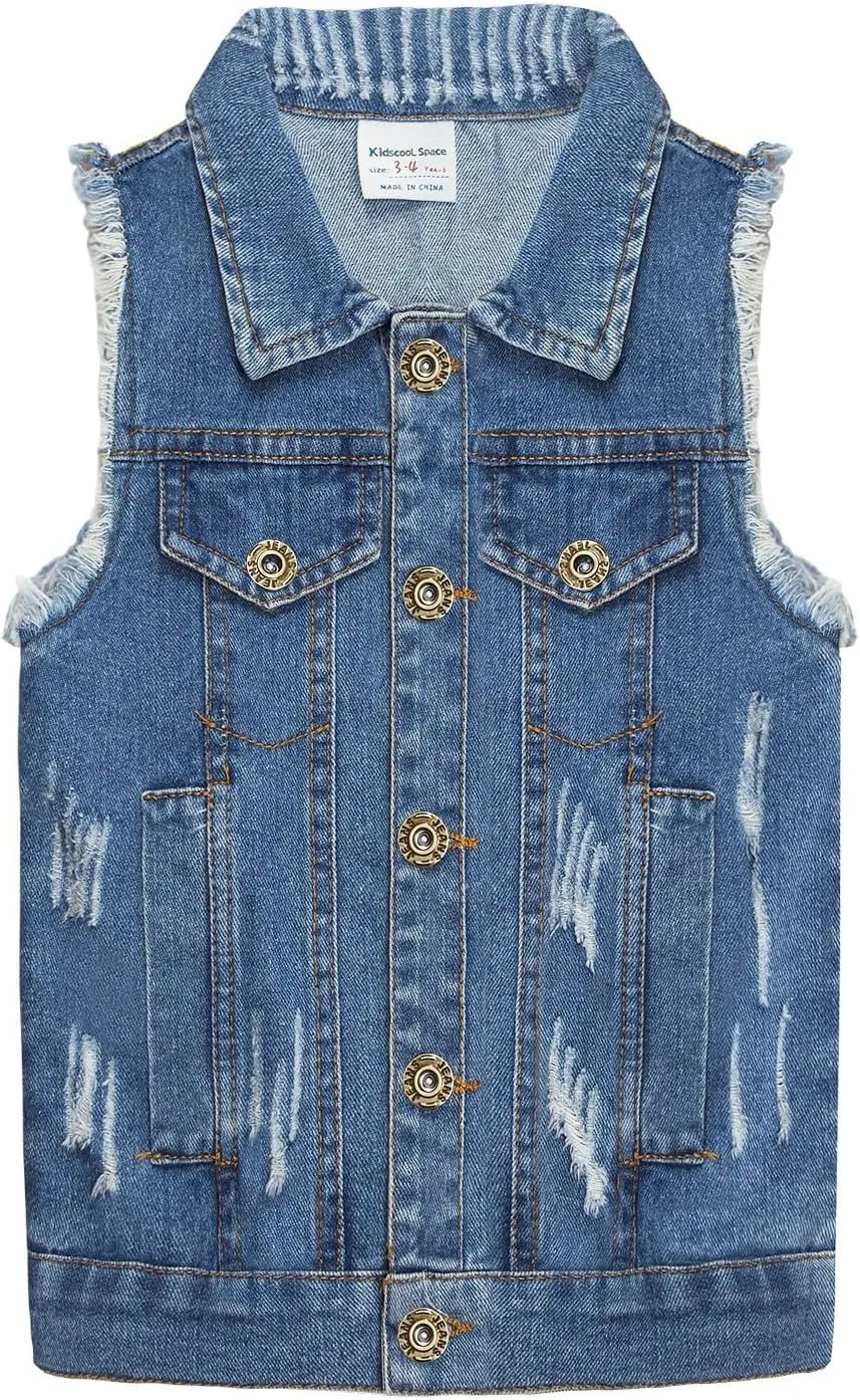 KIDSCOOL SPACE Girl Denim Vest, Round Collared Lace Sleeveless Jeans Tops