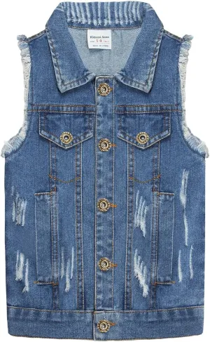 KIDSCOOL SPACE Girl Denim Vest, Round Collared Lace Sleeveless Jeans Tops