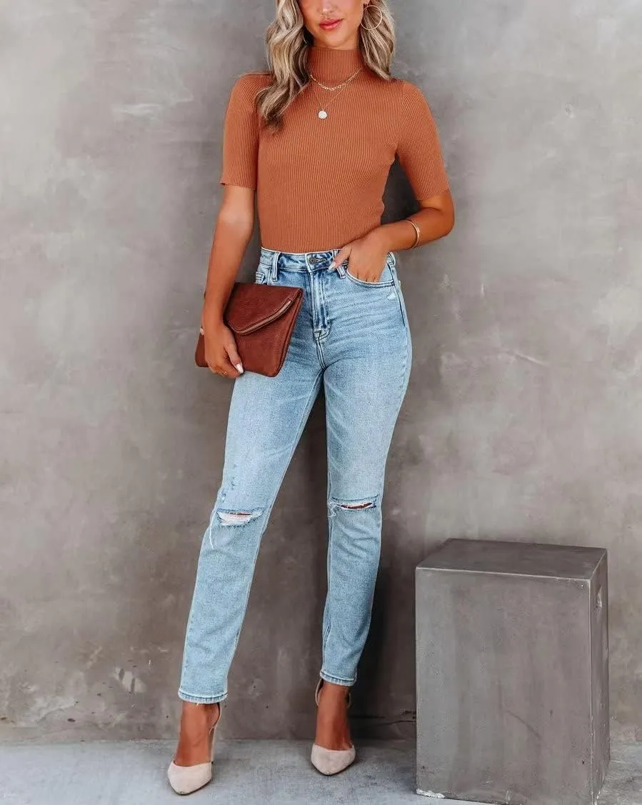 Lacozy Women Casual Basic Mock Neck Top Short Sleeve Shirt Slim Fit Ribbed Knit Pullover Sweater