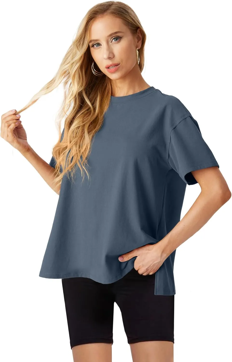 Lepunuo Oversized T Shirts for Women Summer Tops 2024 Trendy Cotton Casual Loose Fit Short Sleeve Side Slit Tee Shirts