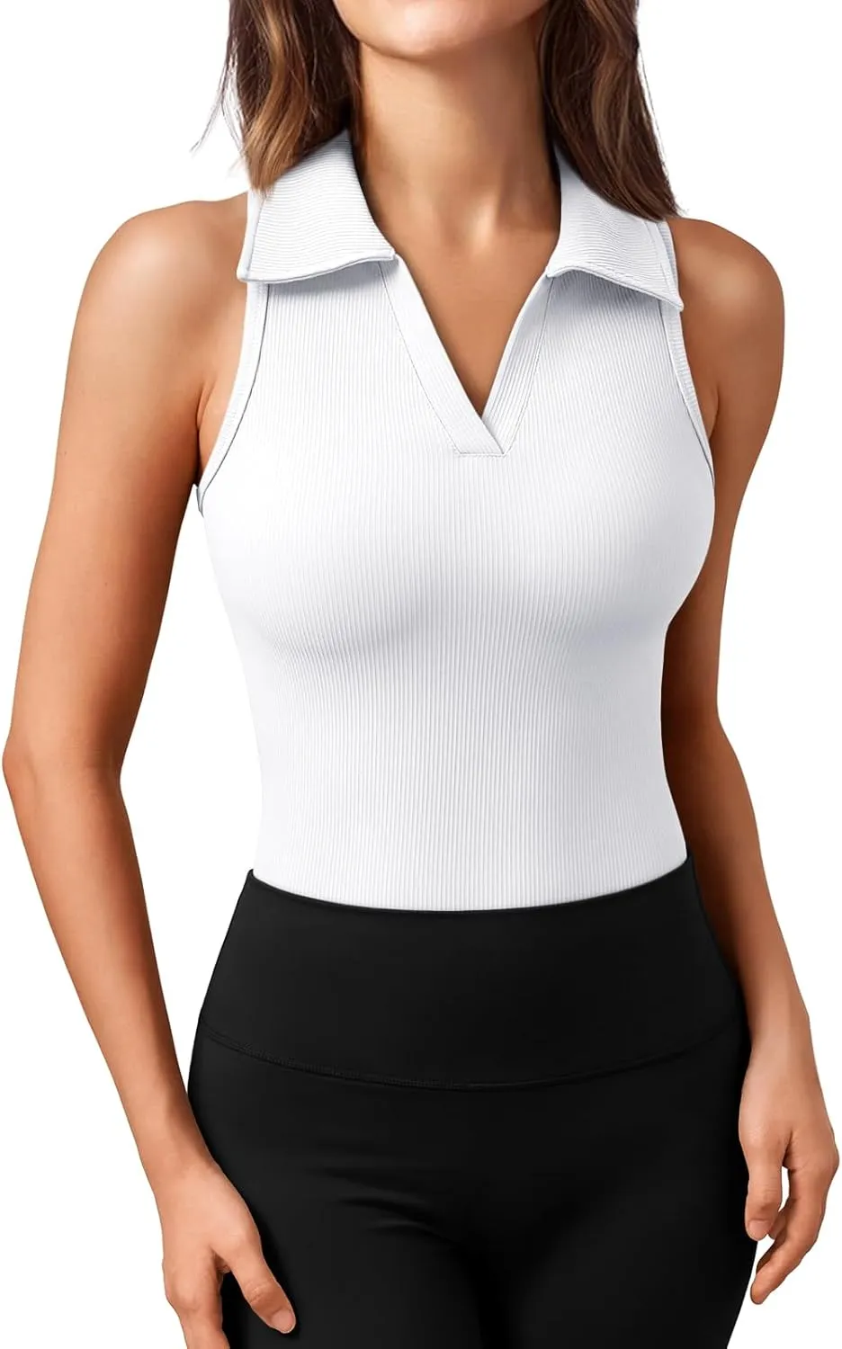 LILLUSORY Womens Collared V-Neck Sleeveless Tank Slim Fitted Crop Workout Tops Polo Shirts