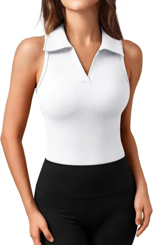 LILLUSORY Womens Collared V-Neck Sleeveless Tank Slim Fitted Crop Workout Tops Polo Shirts