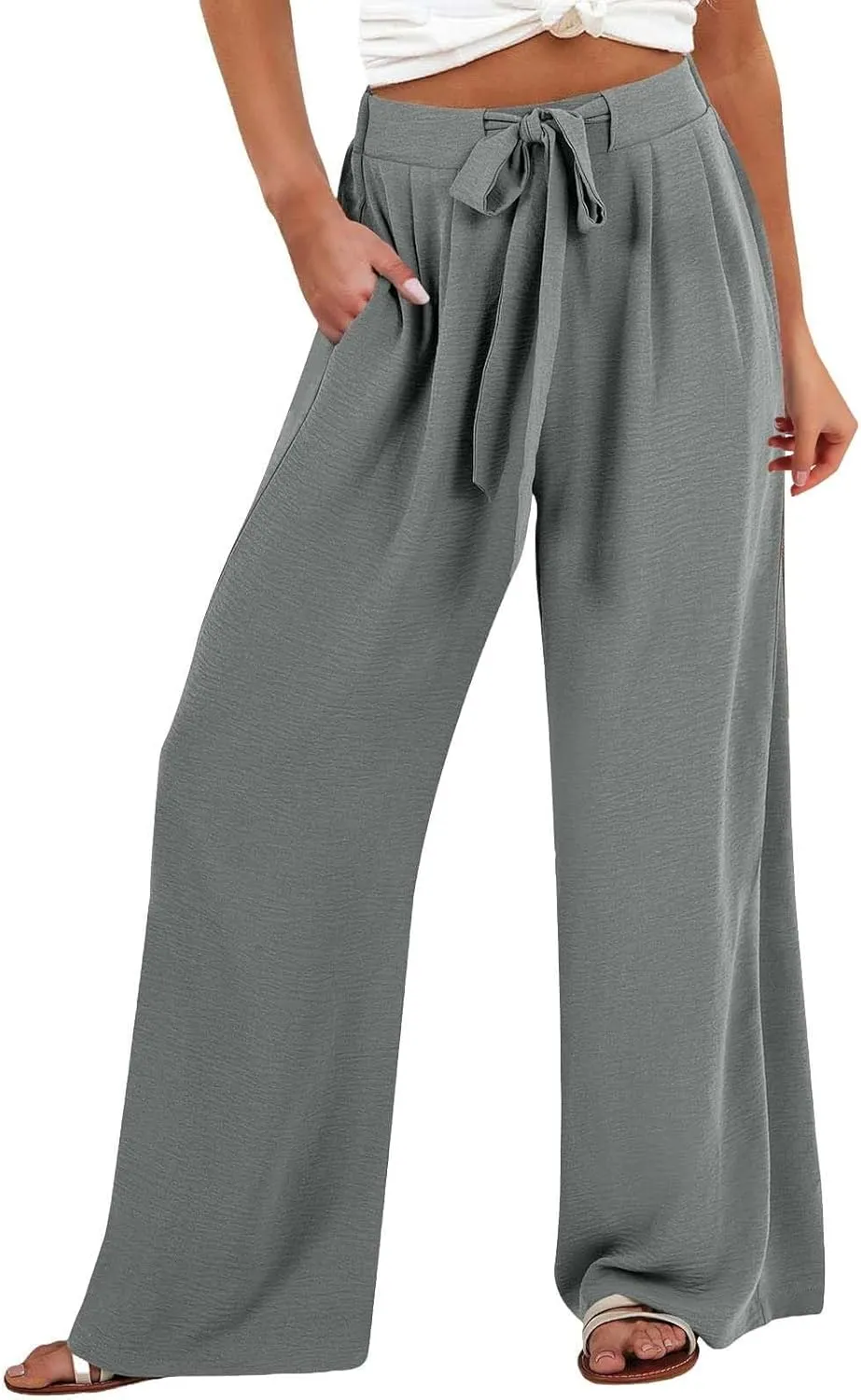 Linen Pants for Women 2025 Summer High Waisted Wide Leg Palazzo Pants Casual Loose Flowy Beach Trousers with Pockets