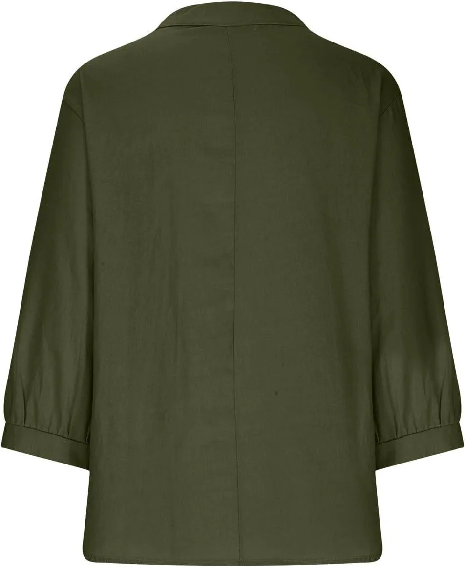 Linen Shirts for Women 2025 Trendy Summer Tops Button 3/4 Sleeve V Neck Plus Size Beach Blouses Boho Loose Tunic