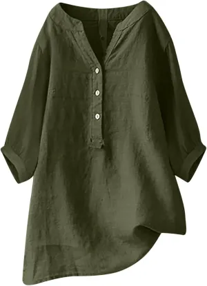 Linen Shirts for Women 2025 Trendy Summer Tops Button 3/4 Sleeve V Neck Plus Size Beach Blouses Boho Loose Tunic