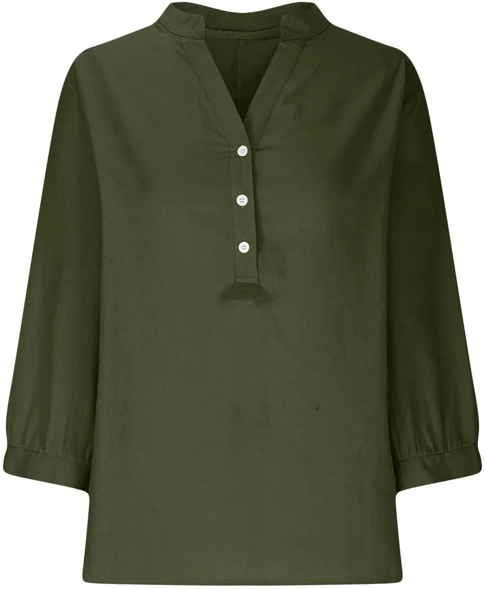 Linen Shirts for Women 2025 Trendy Summer Tops Button 3/4 Sleeve V Neck Plus Size Beach Blouses Boho Loose Tunic