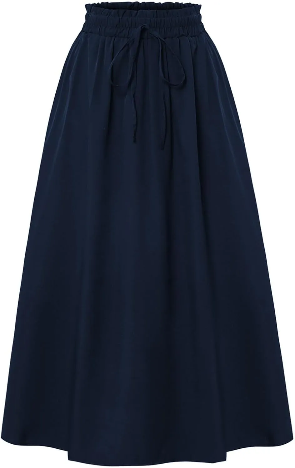 Linen Skirt Women Midi Summer Drawstring Elastic High Waist A-Line Ruffle Elegant Skirt Knee Length with Pockets
