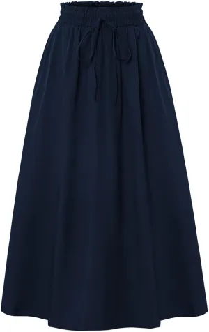 Linen Skirt Women Midi Summer Drawstring Elastic High Waist A-Line Ruffle Elegant Skirt Knee Length with Pockets