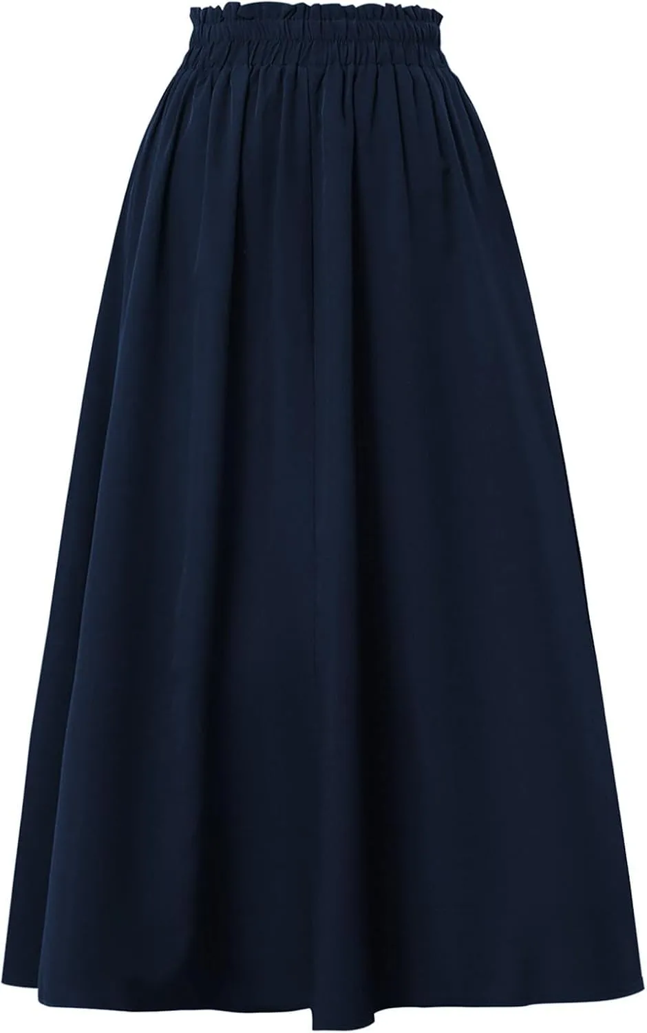 Linen Skirt Women Midi Summer Drawstring Elastic High Waist A-Line Ruffle Elegant Skirt Knee Length with Pockets