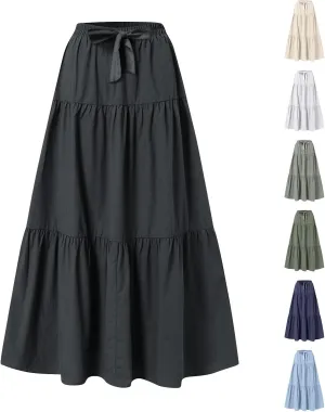 Linen Skirts for Women 2025 Casual Summer Bow High Waisted Tiered Maxi Skirt Flowy Vacation Beach Long Pleated Skirt
