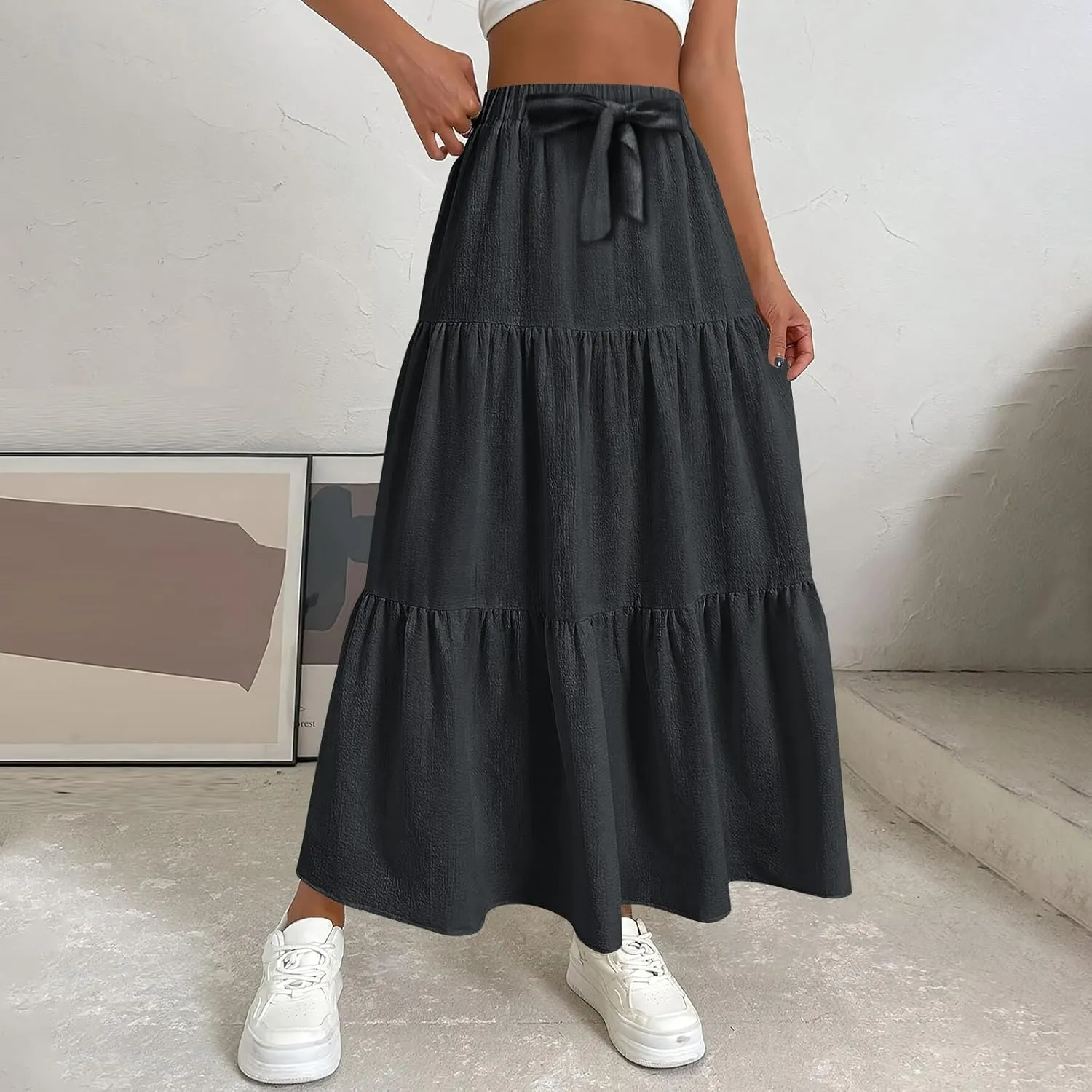 Linen Skirts for Women 2025 Casual Summer Bow High Waisted Tiered Maxi Skirt Flowy Vacation Beach Long Pleated Skirt