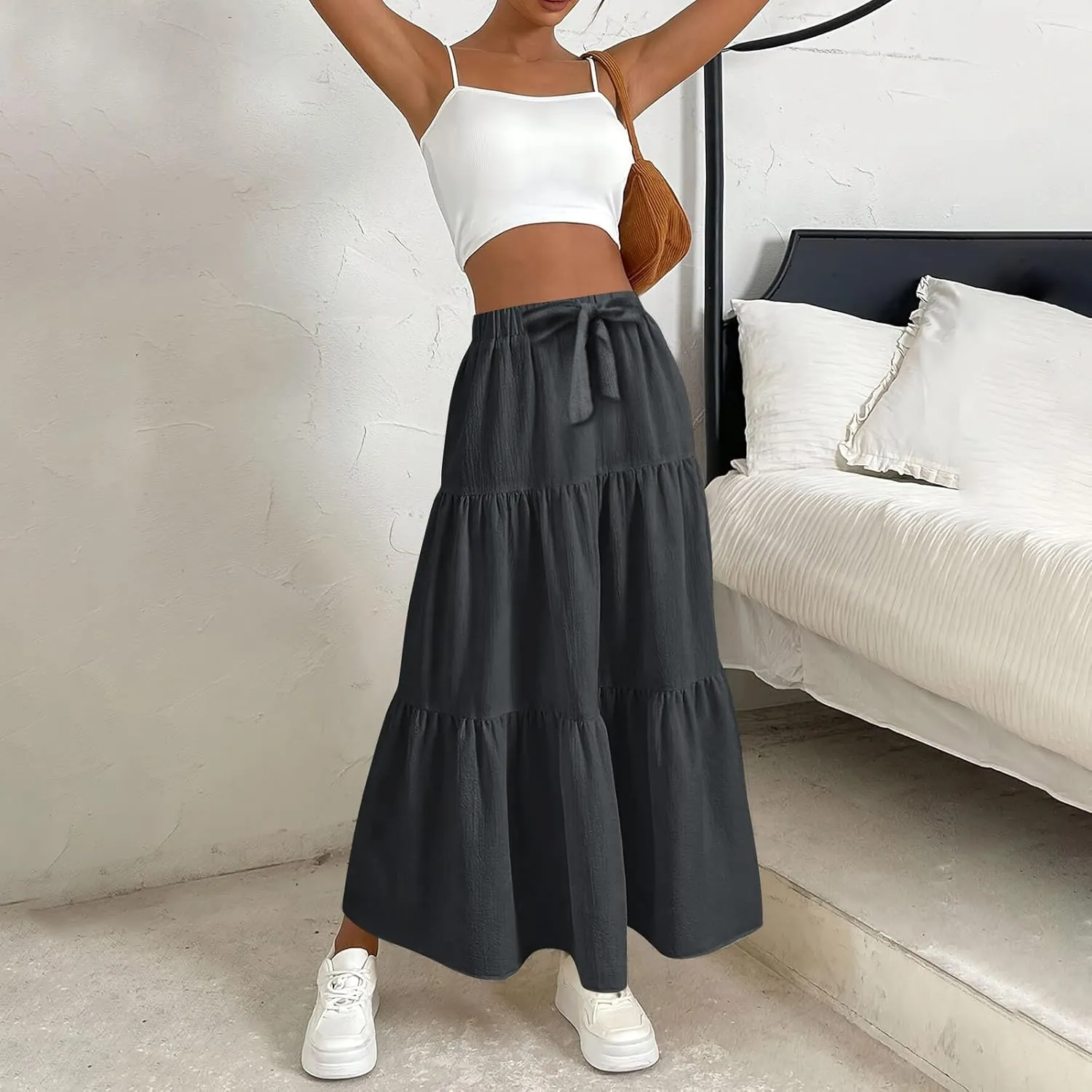 Linen Skirts for Women 2025 Casual Summer Bow High Waisted Tiered Maxi Skirt Flowy Vacation Beach Long Pleated Skirt