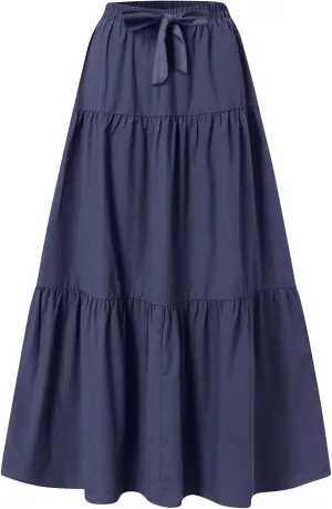 Linen Skirts for Women 2025 Casual Summer Bow High Waisted Tiered Maxi Skirt Flowy Vacation Beach Long Pleated Skirt