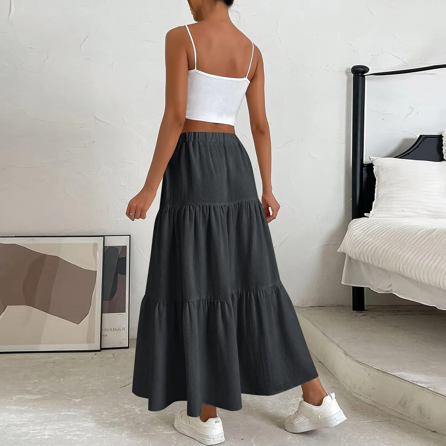 Linen Skirts for Women 2025 Casual Summer Bow High Waisted Tiered Maxi Skirt Flowy Vacation Beach Long Pleated Skirt