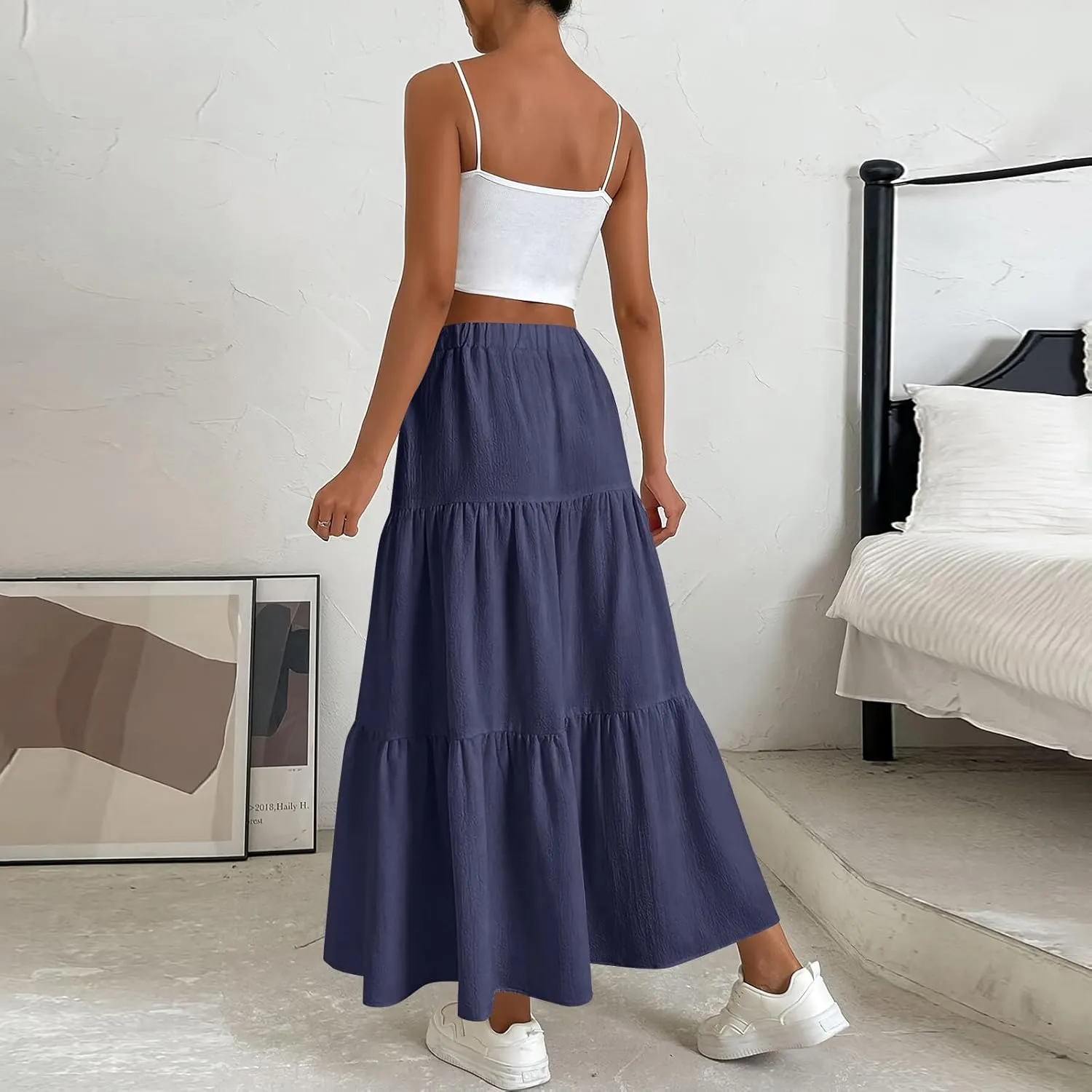 Linen Skirts for Women 2025 Casual Summer Bow High Waisted Tiered Maxi Skirt Flowy Vacation Beach Long Pleated Skirt