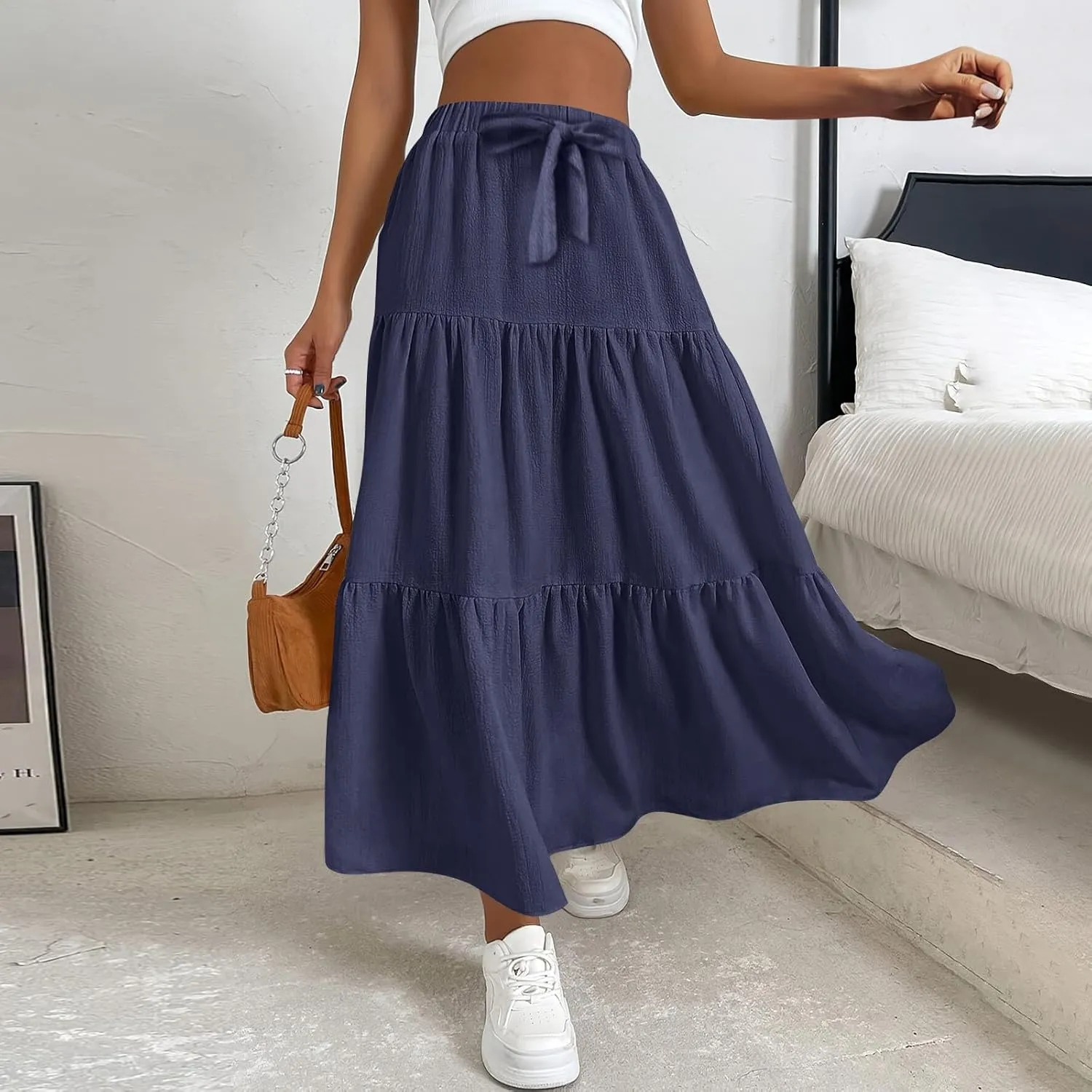 Linen Skirts for Women 2025 Casual Summer Bow High Waisted Tiered Maxi Skirt Flowy Vacation Beach Long Pleated Skirt